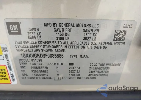 2015 Chevrolet Traverse Lt from USA, damaged, VIN 1GNKVGKD9FJ385586
